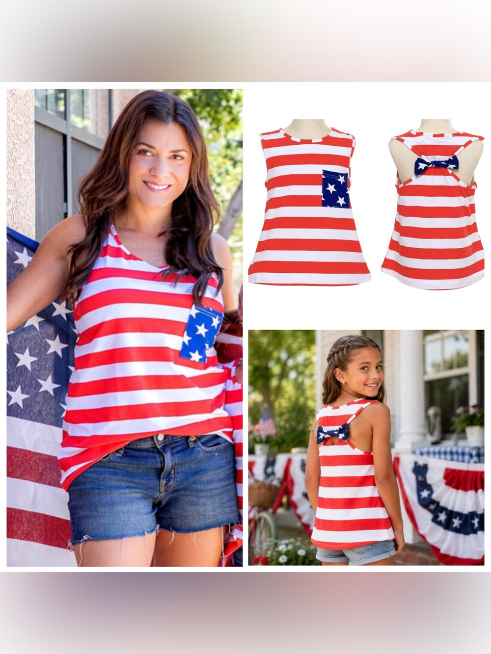 Patriotic USA Flag Print Adult Mom Tank Top Women’s XS with Back Bow Detail